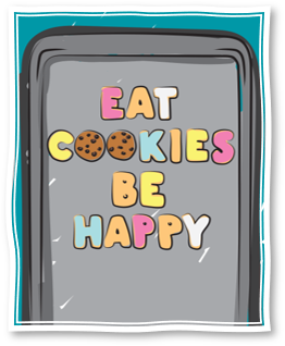 Eat Cookies Be Happy spelled out with cookies cut in the shape of letters on a baking sheet